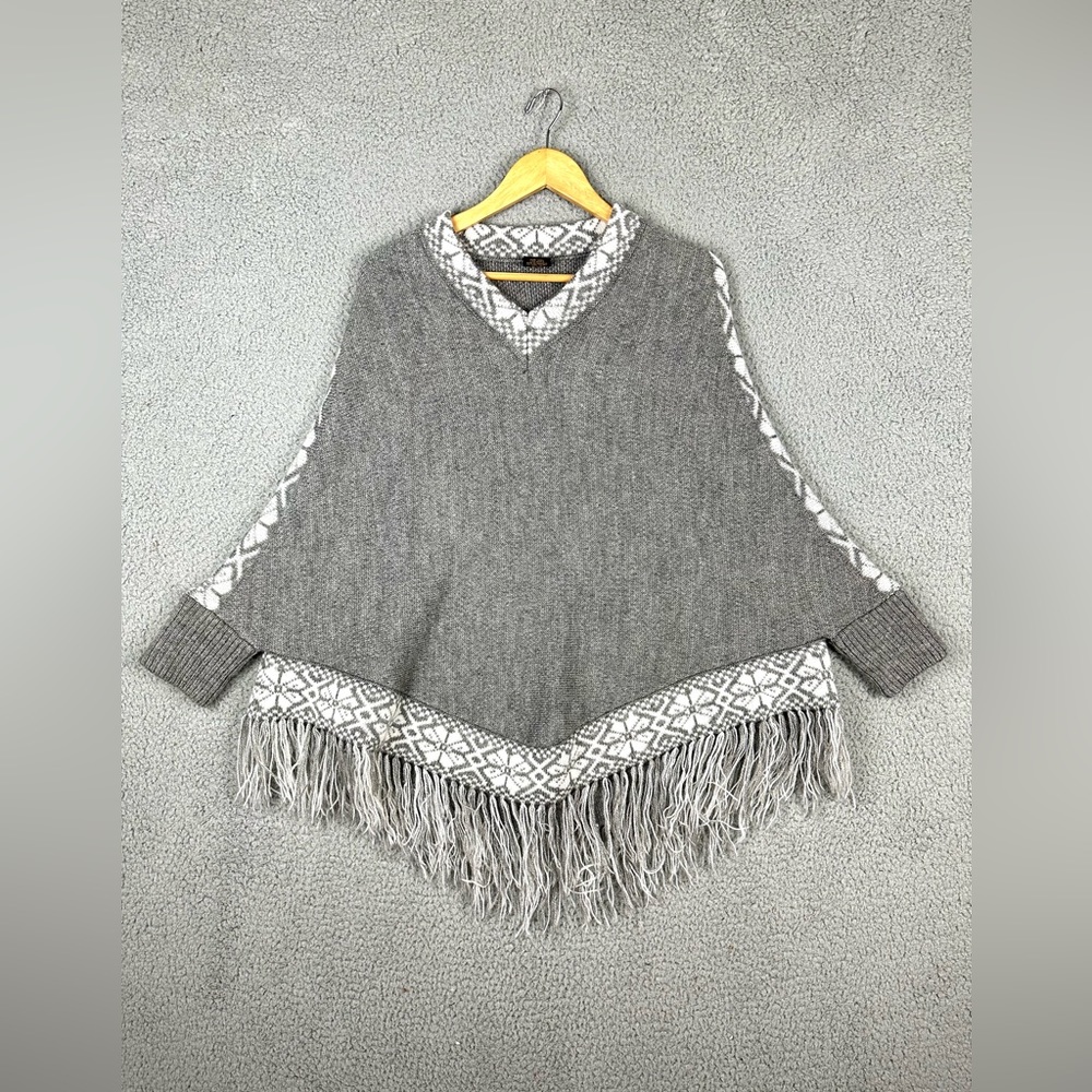100% ALPACA Gray  KNIT FRINGE PONCHO MADE IN PERU Large